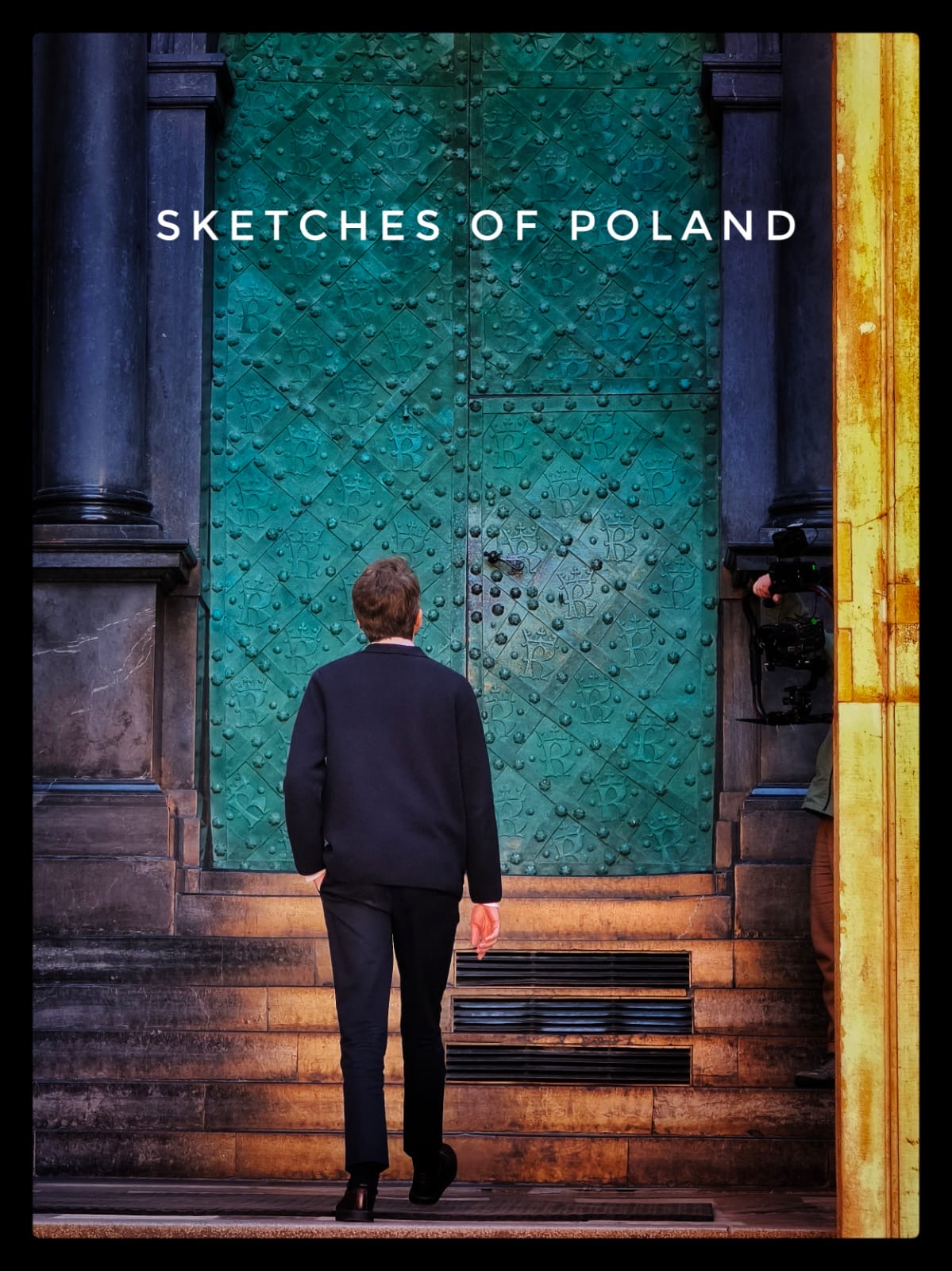 Sketches of Poland: a man approaching a monumental turquoise door, with the series title above.